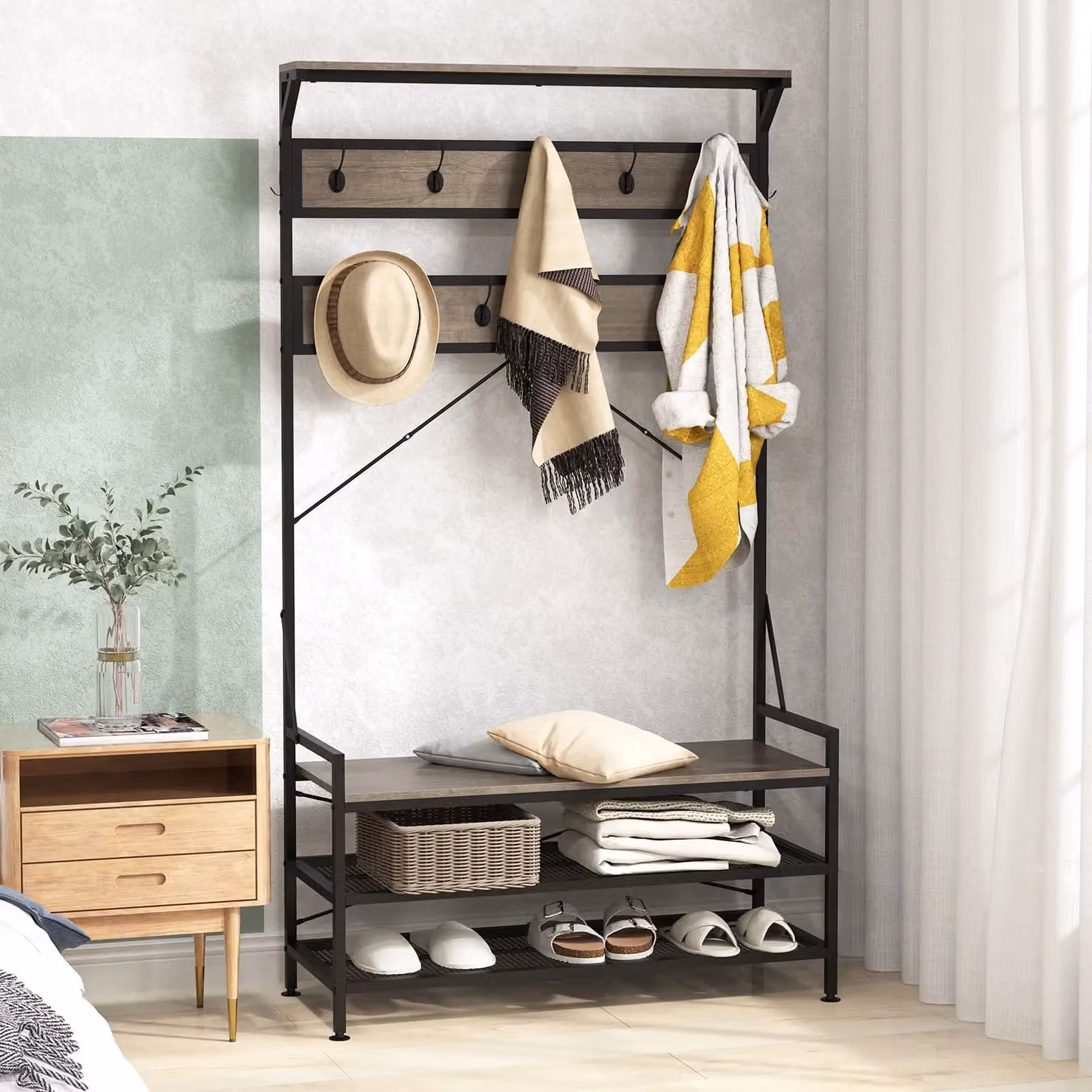 Costway 4-in-1 Hall Tree Coat Rack with 11 Hanging Hooks and Shoe Bench in Grey – 4