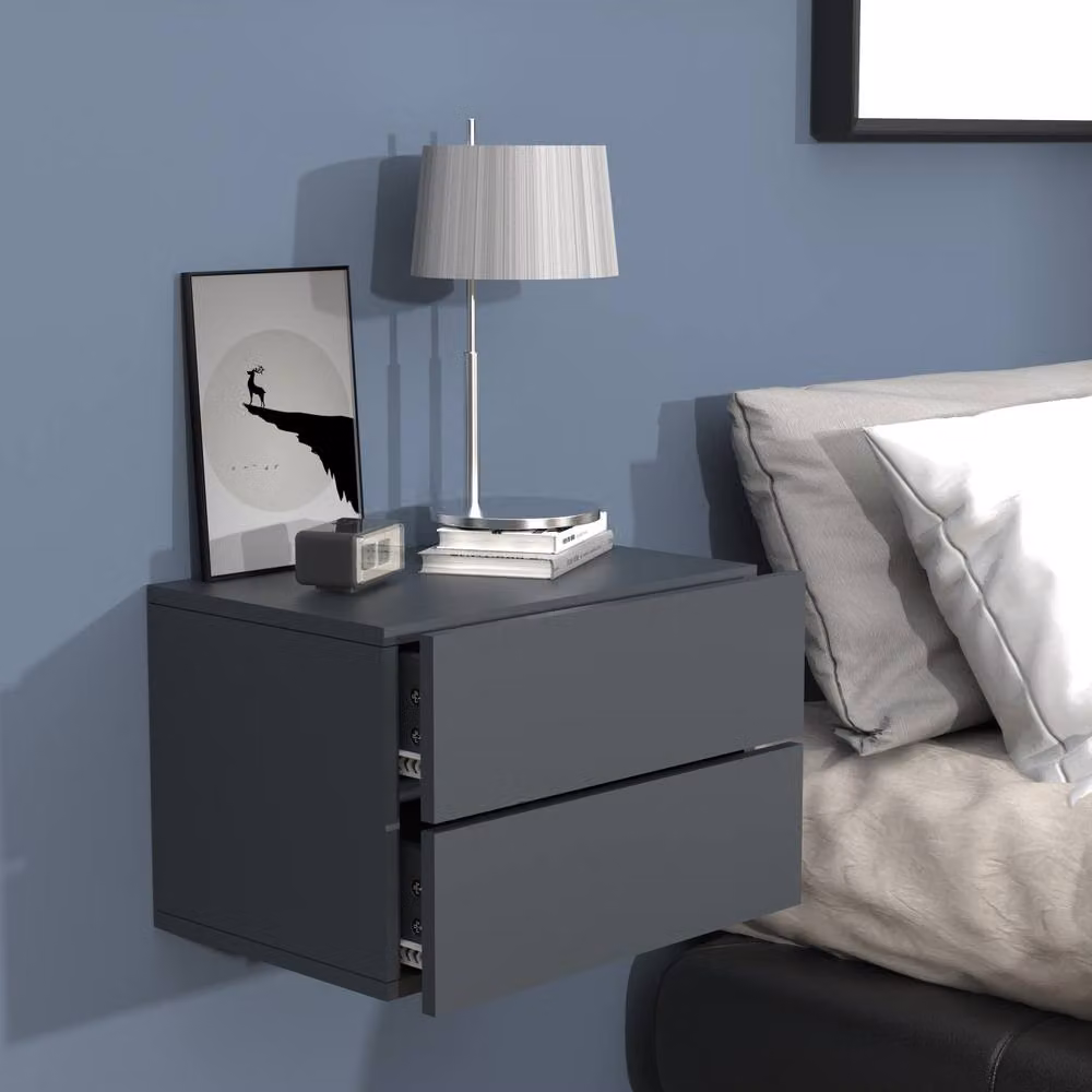 VCM Usal Wall Mounted Wooden Bedside Table in Dark Grey, W: 45 cm, H: 32 cm, D: 30 cm – 3