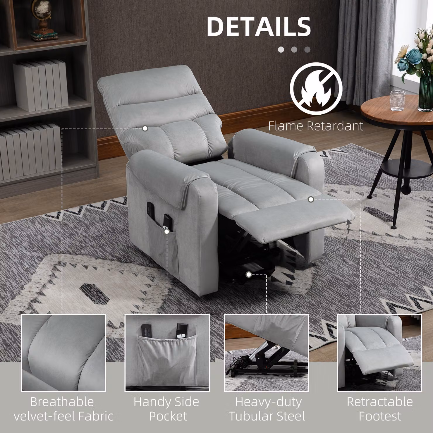 HOMCOM Electric Power Lift Recliner with Vibration Massage in Grey Velvet Fabric – 5