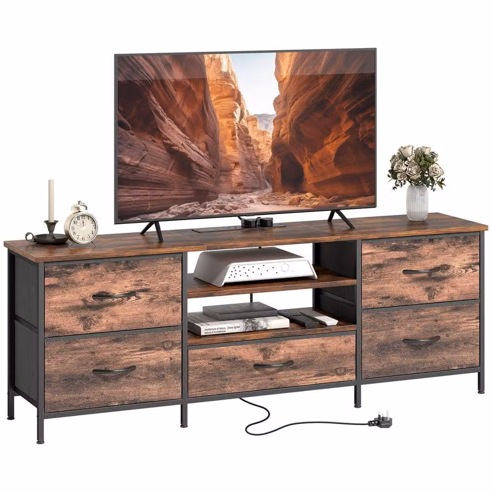 HOMCOM Industrial Brown TV Unit with Charging Station and Media Compartments for TVs up to 65 Inch – 2