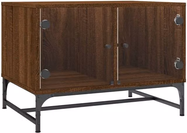 Berkfield Home Modern Coffee Table with Glass Doors in Brown Oak, W/D/H: 68.5 x 50 x 50 cm