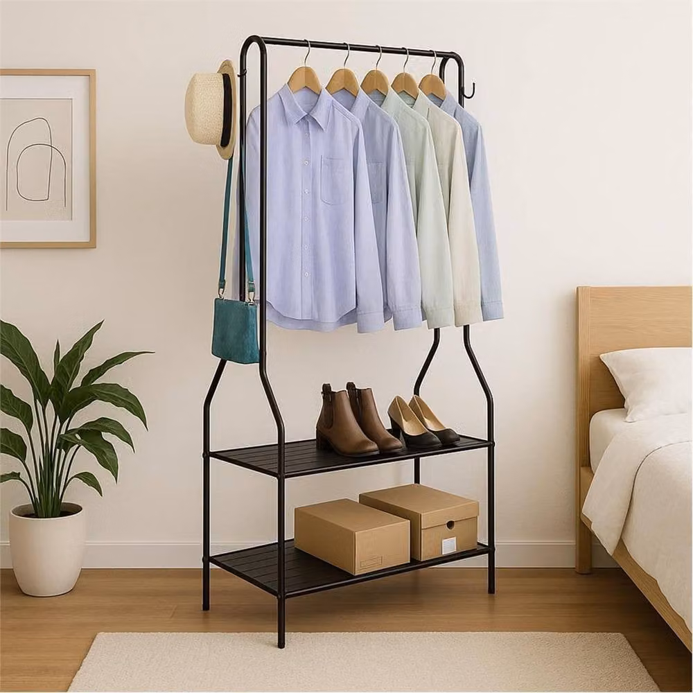 FORGEVIO Black Metal Clothes Stand with 2 Shoe Shelves and Clothes Rail – 3