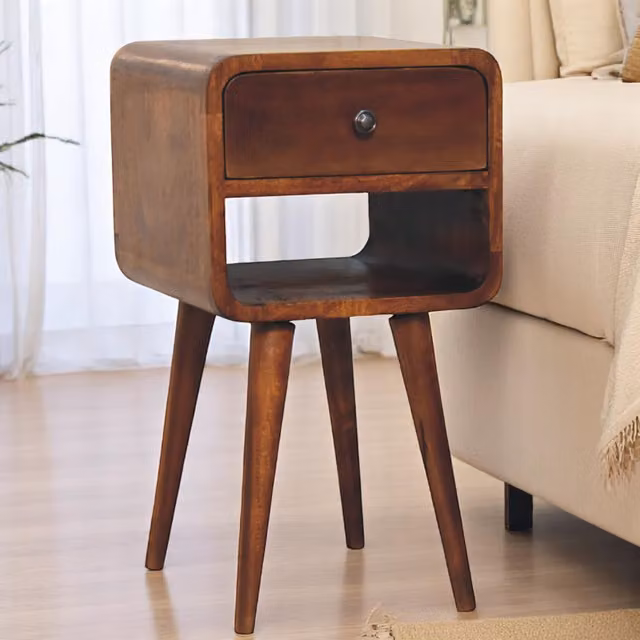 Aosom UK Solid Mango Wood Mini Bedside Table with Drawer and Curved Open Shelf, Brown, W/D/H: 30 x 30 x 55 cm