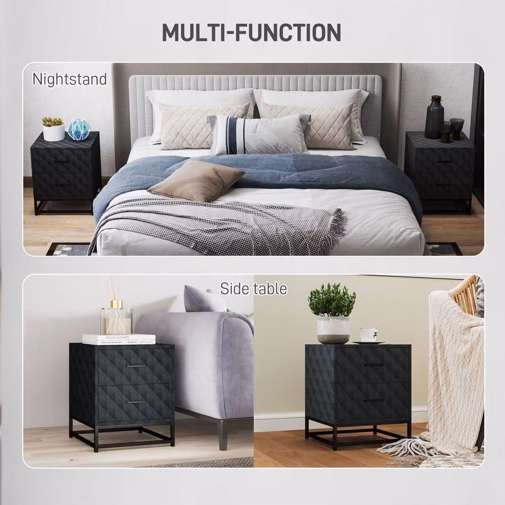 STILVORA Set of 2 Modern Black Bedside Tables with 2 Drawers – 8