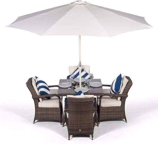 Giardino Arizona Square Rattan Patio Dining Set with Ice Bucket Drinks Cooler in Brown and Grey Striped Maritime Design for 4 People