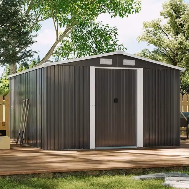 Livingandhome Anthracite Metal Garden Storage Shed with Sliding Gable Doors