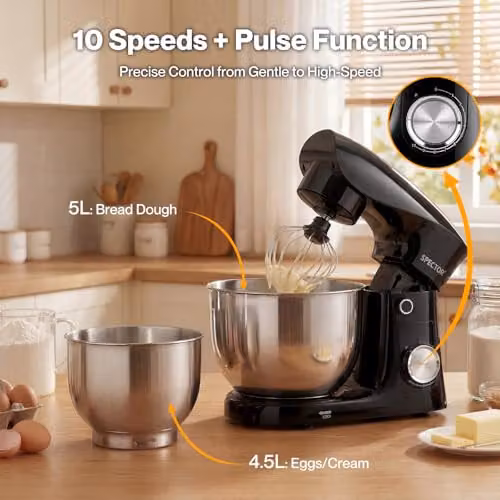 Spector 1500W Tilt-Head Electric Stand Mixer in Black with 5L and 4.5L Stainless Steel Bowls, 10-Speed Settings and Dough Hook, Whisk and Beater – 8