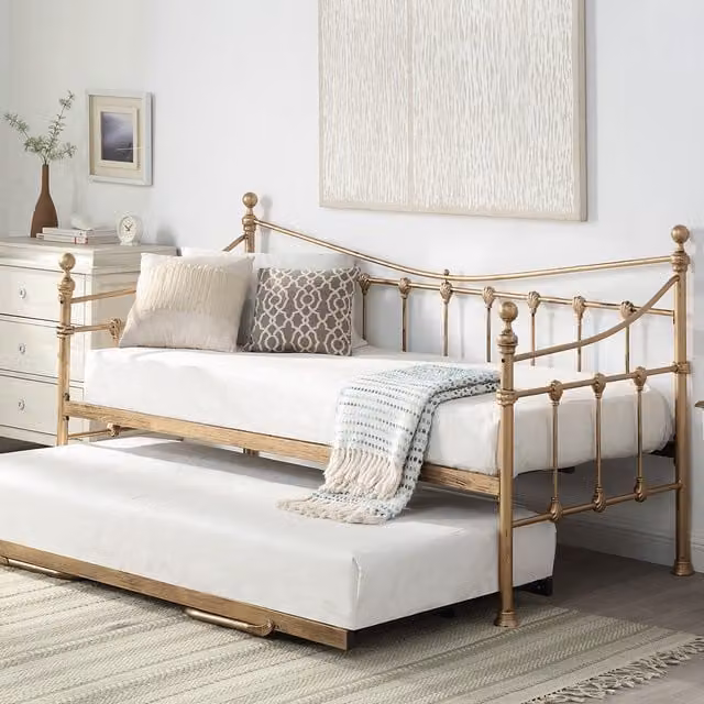 SlumberWorx Classic Metal Day Bed Frame with Trundle in Gold and White