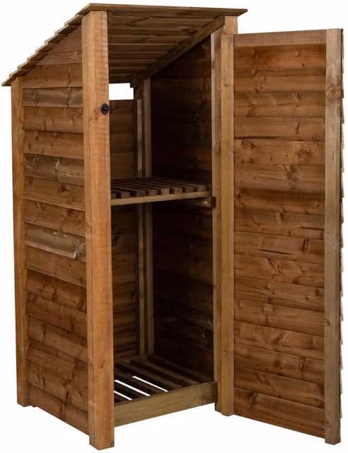 Arbor Garden Solutions Single Bay Wooden Log Store with Reverse Roof, Door and Shelf, Brown, W: 79 cm, H: 180 cm, D: 88 cm