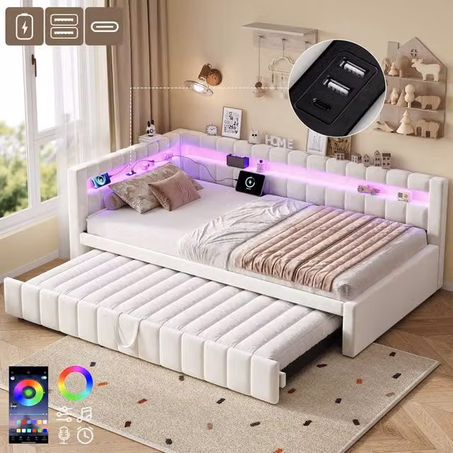 ModernLuxe Beige Velvet Upholstered Single Daybed with Pull Out Trundle, LED Under-Bed Lighting and USB Charging Port – 1