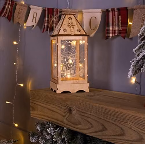 Netagon Rustic Brown Wooden Christmas Lantern with LED String Lights
