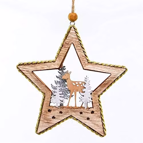 Shatchi Gold Wooden Standing Deer and Star Shape Christmas Tree Hanging Decorations
