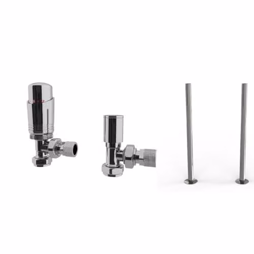 UK Radiators Talus Bold Chrome Modern Thermostatic Radiator Valve and Lockshield Set with 1/2BSP 15mm Angled Connection