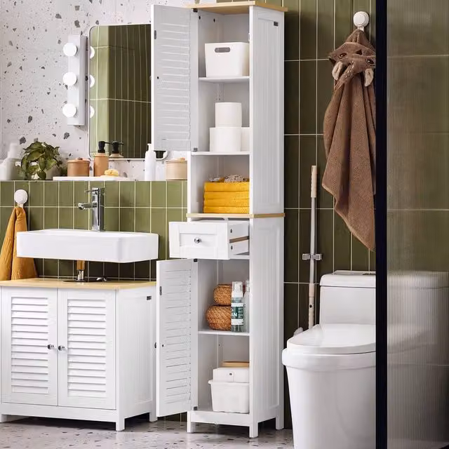 SoBuy Modern White Freestanding Bathroom Tall Cabinet with Hinged Doors and Internal Shelves, Height: 170 cm – 1