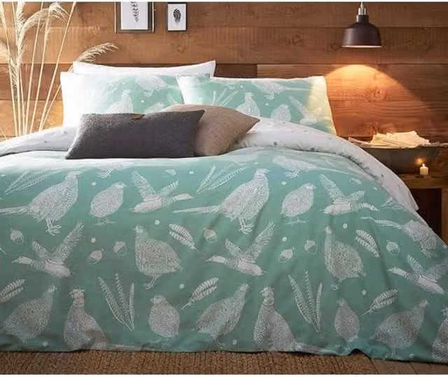 Creative Cloth Moorland Birds Reversible King Size Duvet Cover and Pillowcase Set, Green and White, W: 180 cm x L: 200 cm