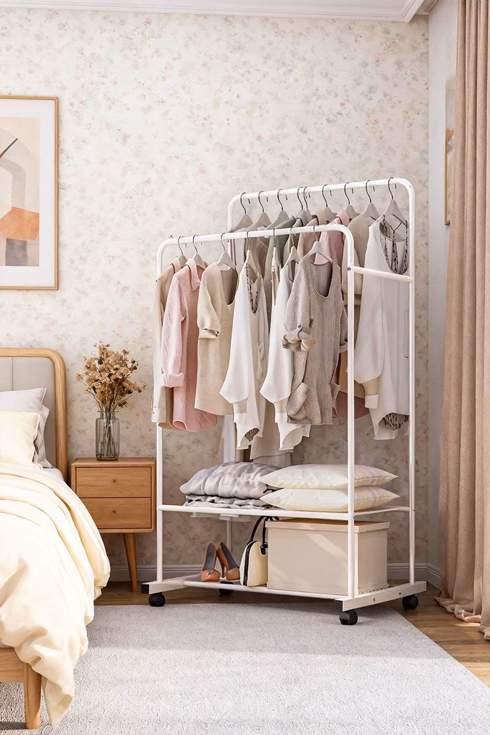 ExtraStar Metal Double-Rod Rolling Clothes Rack in White – 4
