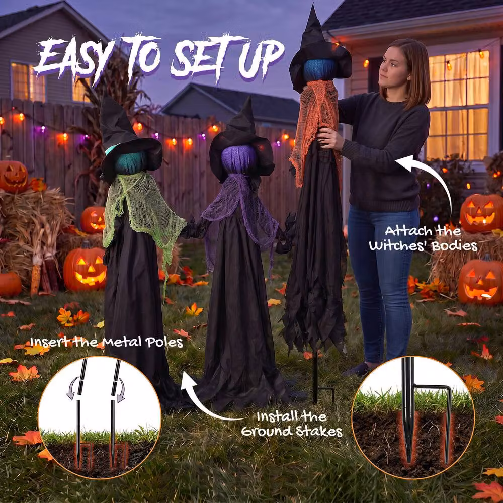 HOMCOM Witches Holding Hands Animated Halloween Light Up Prop, Black – 4