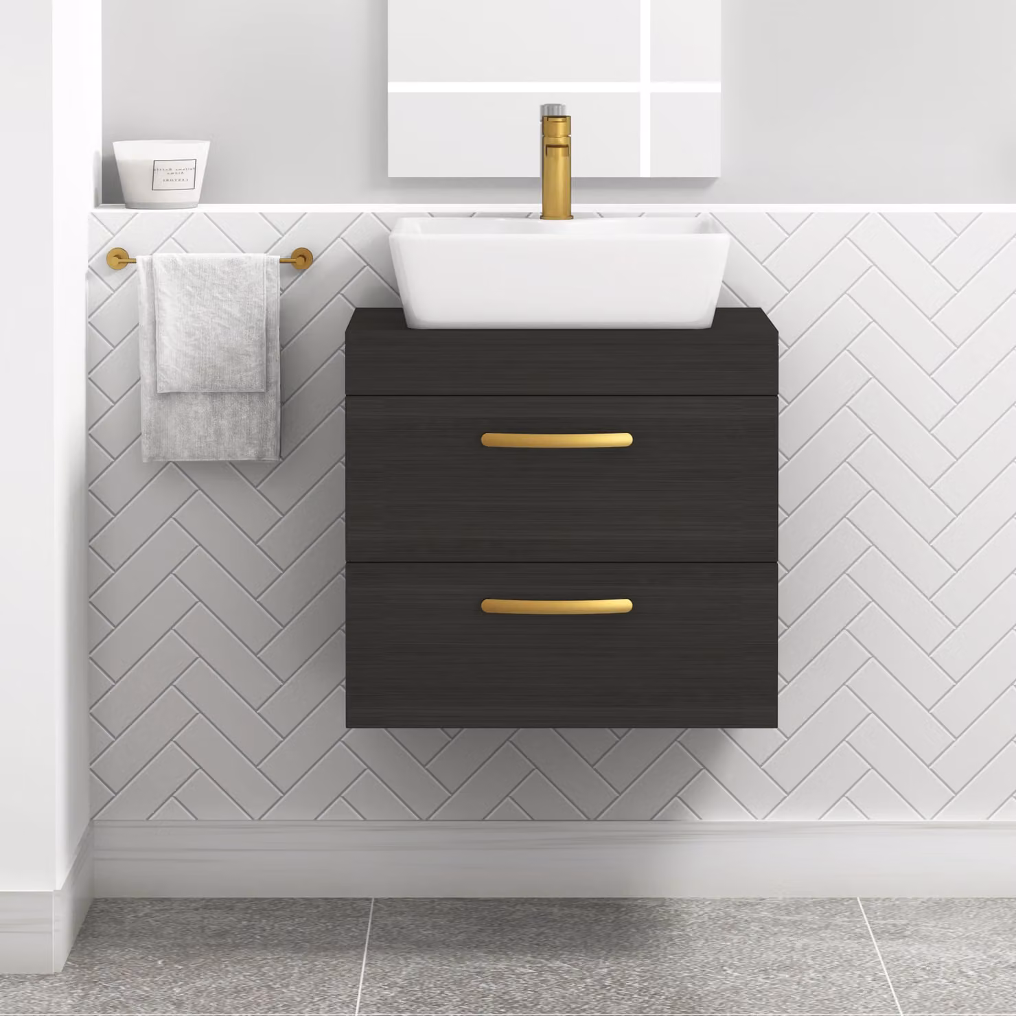 Royal Bathrooms 600mm Wall Hung Vanity Unit with 2 Drawers in Charcoal Oak and Cube Countertop Basin with Brushed Brass Handle