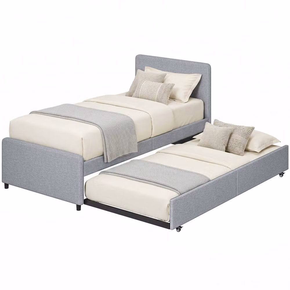 HOMCOM Upholstered Single Bed with Pull Out Trundle in Grey, W/D/H: 90 x 190 cm – 2