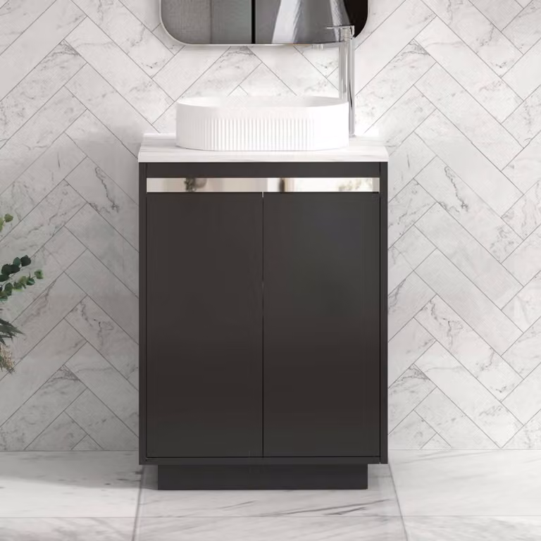 Royal Bathrooms Orion 600mm Matt Obsidian Black Floor Standing 2 Door Vanity Unit with Lyon Basin and Chrome Accent Trim