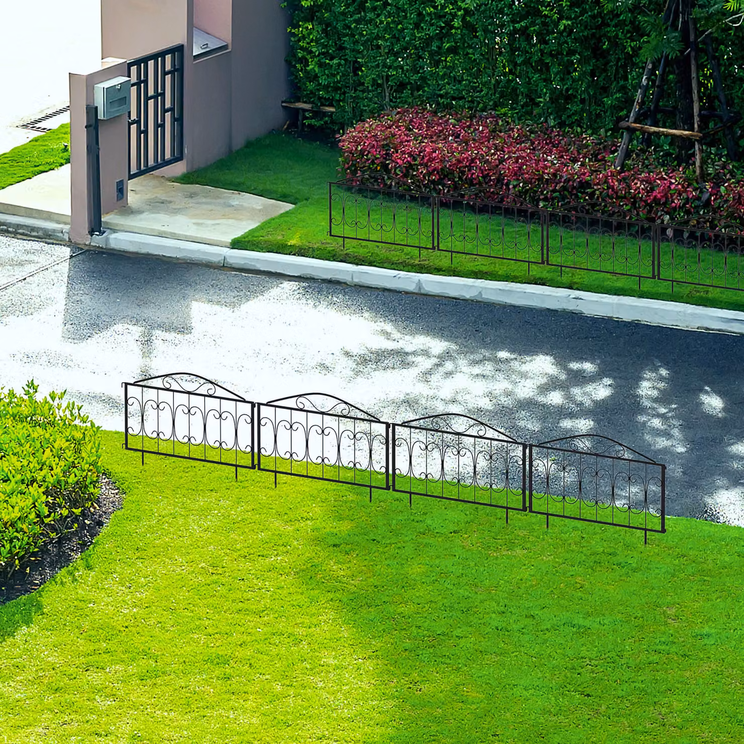 Outsunny Decorative Garden Fencing, 8-Piece Black Metal Picket Fence Panels for Flower Bed Border Edging and Animal Barrier – 4