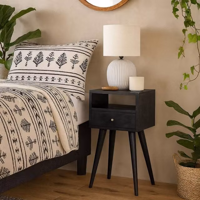 Wyld Haus Kood Mini Black Washed Mango Wood Bedside Table with Drawer and Open Shelf W/D/H: 30 x 30 x 57 cm – 1