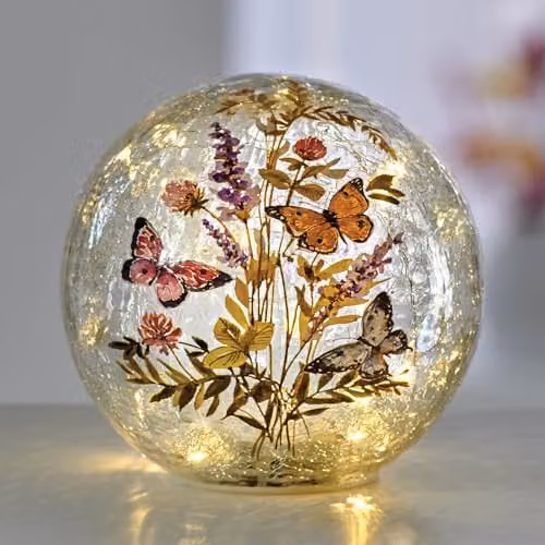Gainsborough Hand-Painted Multicolour Butterfly Crackle Glass Globe Ornament with 10 Warm White LEDs W/D/H: 15 x 15 x 15 cm