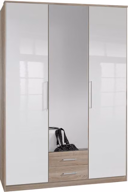 Gamma 3 Door 2 Drawer Mirror Wardrobe in Gloss White and Oak