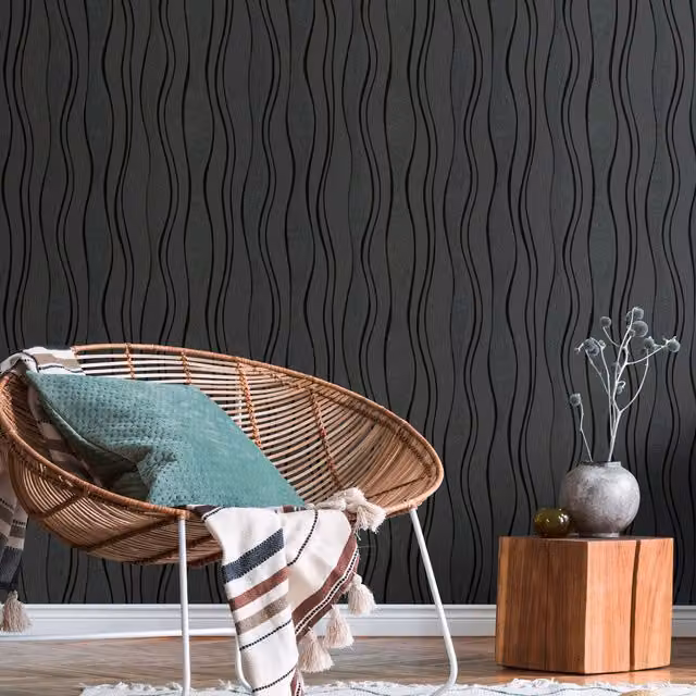 Erismann Glitzy Wave Textured Abstract Geometric Vinyl Wallpaper in Black