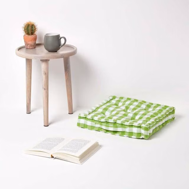 Homescapes Cotton Block Check Floor Cushion, Green, W/D/H: 50 x 50 x 50 cm