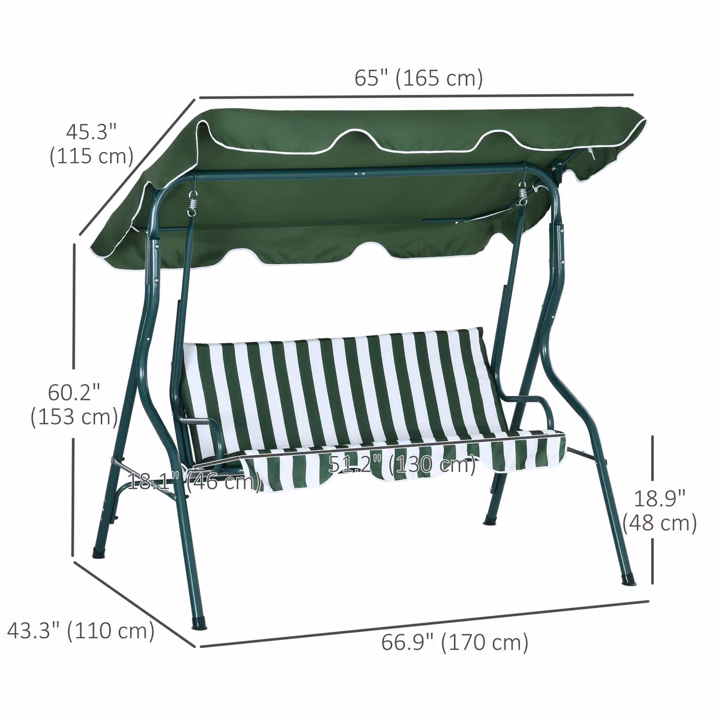 Outsunny 3 Seater Waterproof Garden Swing Seat with Adjustable Canopy and Metal Frame, Green Stripes – 3