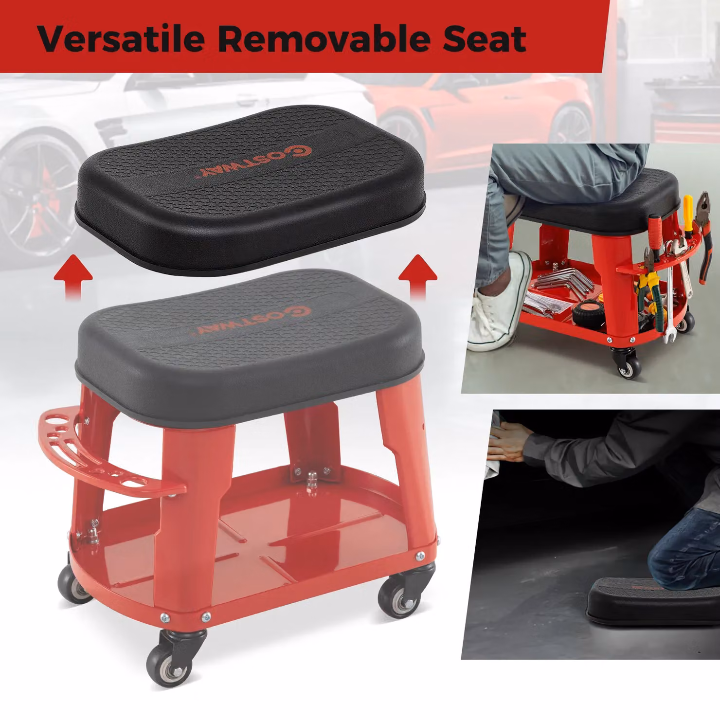 Gymax Red Rolling Garage Stool Creeper Seat with Detachable Seat and Tool Holder – 5