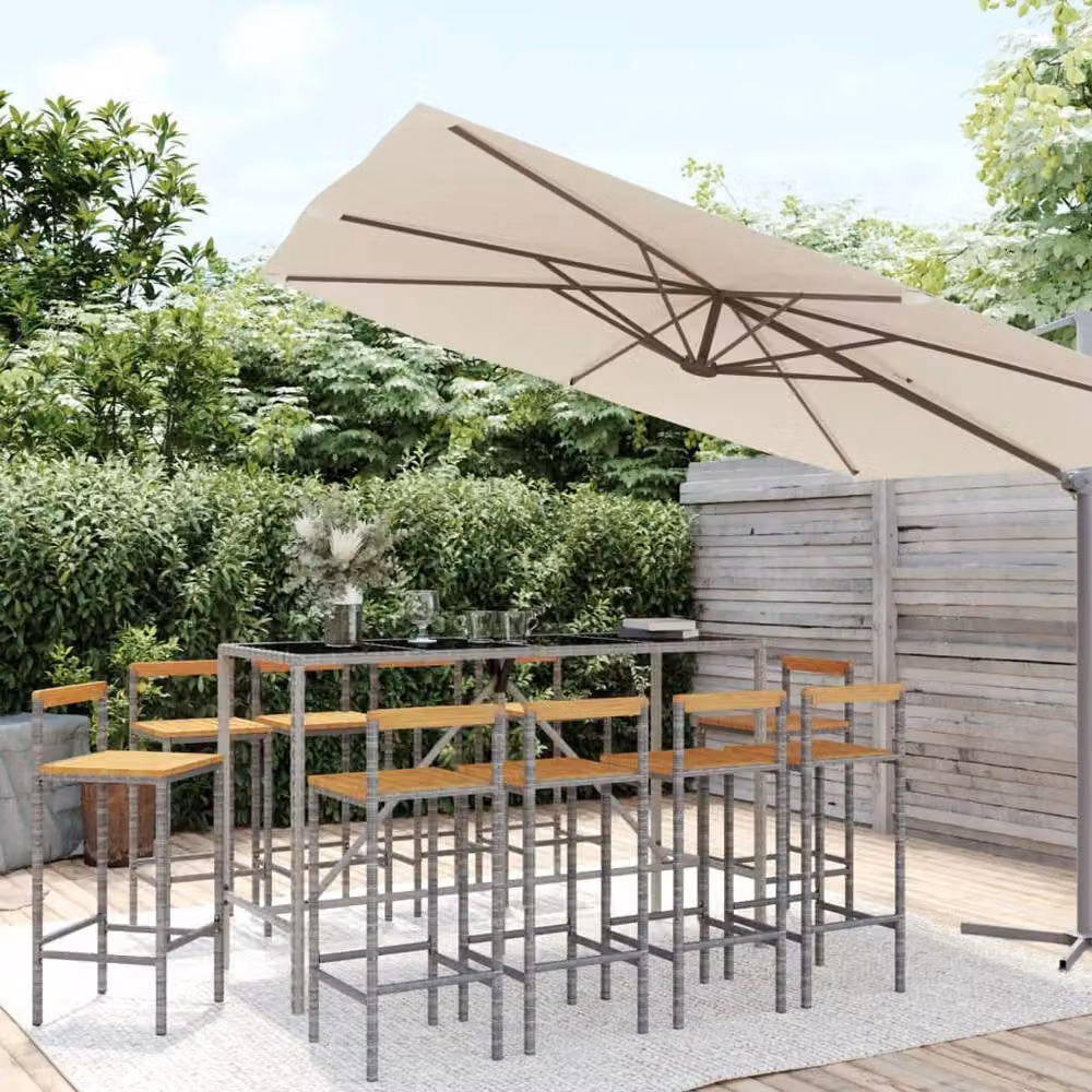 Berkfield Home 11 Piece Grey Poly Rattan and Solid Acacia Wood Garden Bar Set – 2