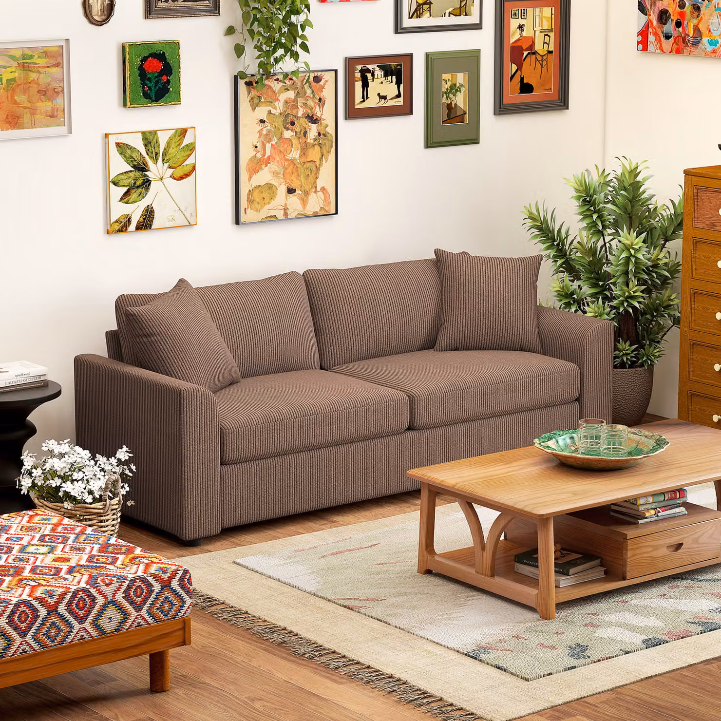 HOMCOM Modern 3 Seater Jumbo Cord Sofa in Brown with 2 Scatter Cushions and Spring Cushions – 2