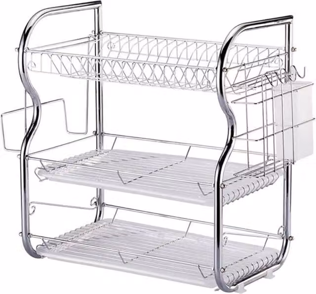 NESTLUNE 3 Tier Stainless Steel Bowl and Dish Drainer Rack with Cutlery Holder in Silver – 1