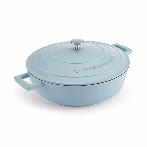 MasterClass Shallow Casserole Dish with Lid, 4L, Sky Blue, Cast Aluminium – 1