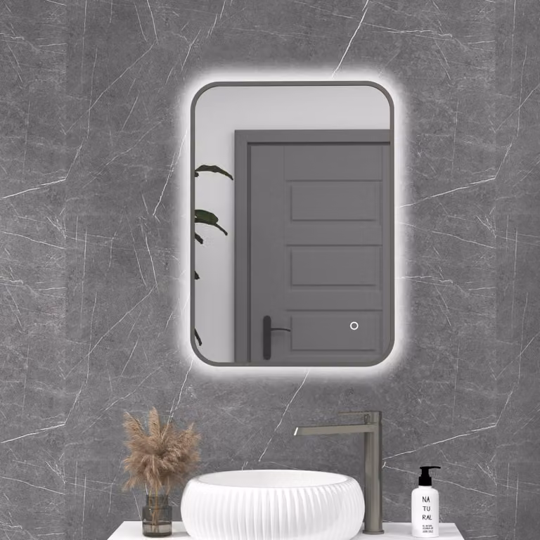 Royal Bathrooms Luton Rectangular Backlit LED Illuminated Bathroom Mirror in Gun Metal Grey, W: 50 cm, H: 70 cm, with Touch Sensor and Anti-Fog Feature