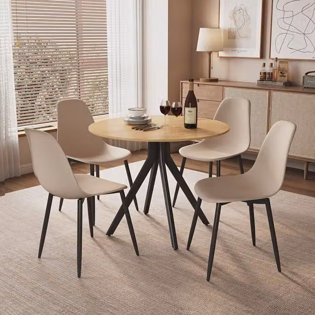 Calico Aspen Light Oak Round Dining Table and 4 Beige Curve Chair Set