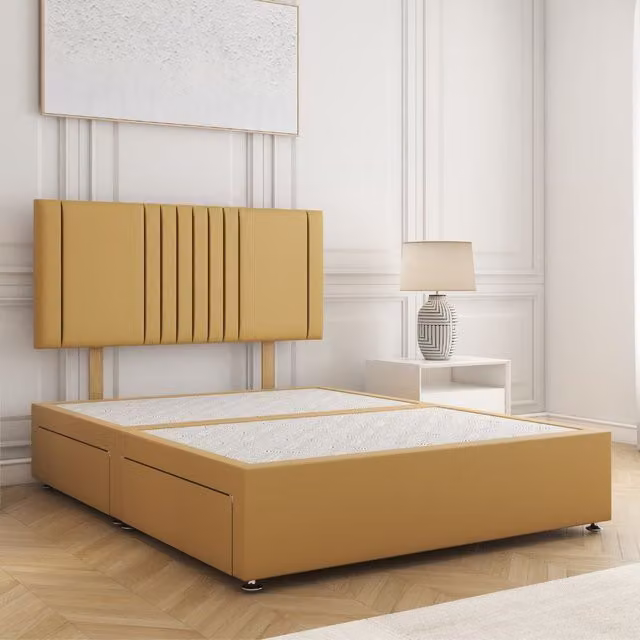 BSSPOKE Monaco Plush Velvet Divan Bed with 24 inch Headboard and 4 Drawers in Yellow, W/D/H: 140 x 200 x 30.48 cm