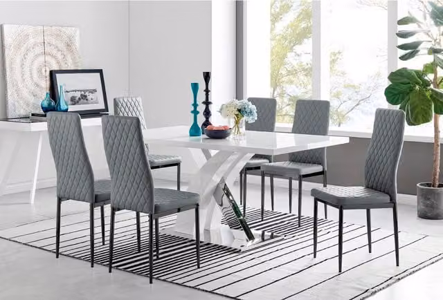 FurnitureboxUK Atlanta 6 White Rectangular Dining Table and 6 Milan Black Leg Chairs in Grey