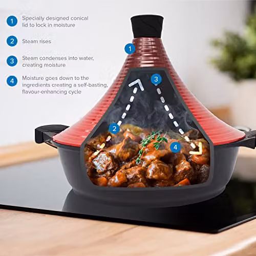 Joeji's Kitchen Non-Stick Aluminium Tagine Casserole Pot, Red, 28 cm – 7