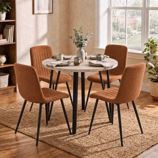 FWStyle Round Travertine Dining Table and 4 Upholstered Chairs Set in Beige and Brown