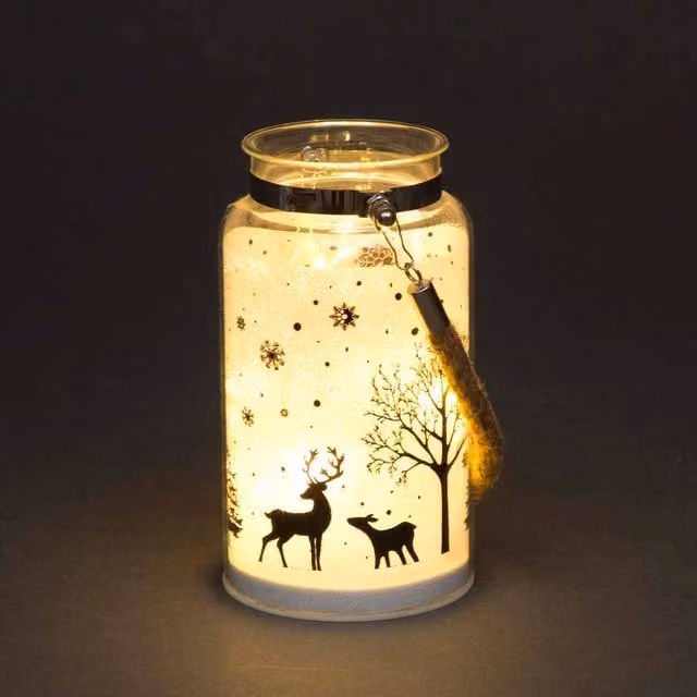 Shatchi Silver Christmas Winter Woodland Scene Tabletop Decorated Glass Jar Lantern, Diameter: 16 cm
