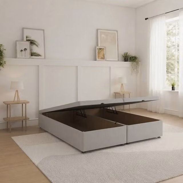 Sloomy Naples Silver Grey Upholstered Ottoman Base with Open End Storage, Super King, W/D/H: 200 x 200 cm