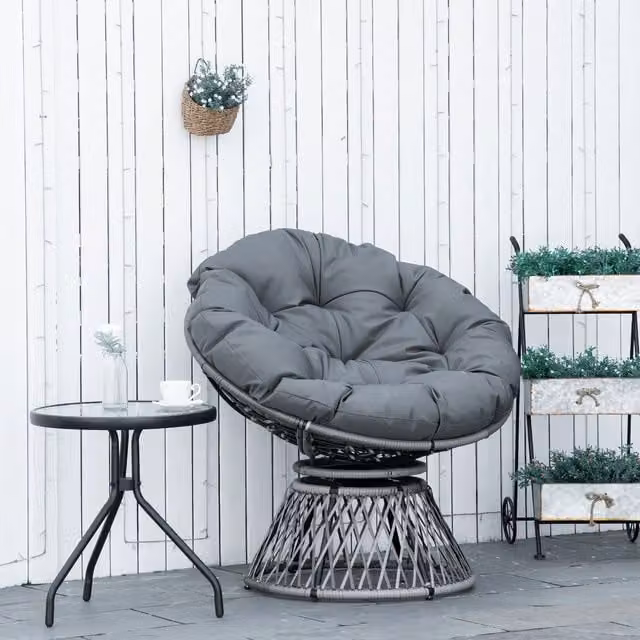 Outsunny 360 Degree Swivel Rattan Papasan Moon Bowl Chair with Padded Cushion in Grey – 1