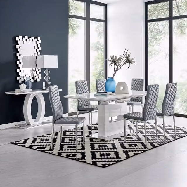 FurnitureboxUK Arezzo Large Extending Dining Table with 6 Milan Chairs in Grey