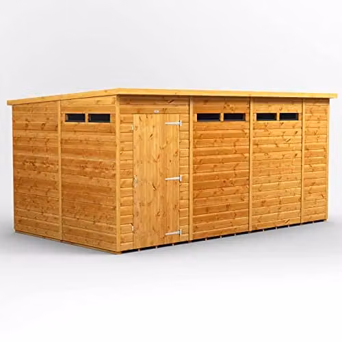 Powersheds Premium Pent Security Wooden Garden Shed in Brown with 12mm Extra Thick Timber and Toughened Glass, W: 430.58 cm, D: 240.4 cm, H: 260.4 cm