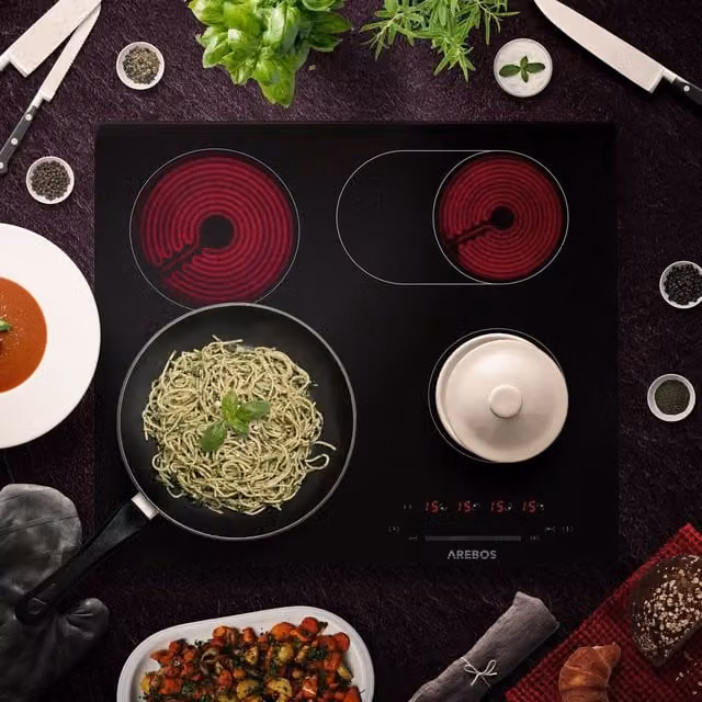 AREBOS Black Glass Ceramic Electric Hob with Sensor Touch, Child Safety Lock and Timer, Width: 59 cm