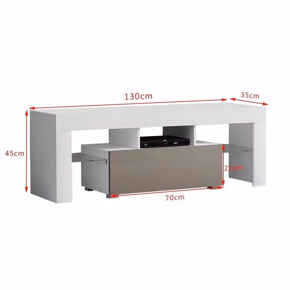KORVIXA Modern High Gloss TV Unit Stand Cabinet in White and Grey with Integrated Lighting and Media Compartments, W/D/H: 130 x 100 x 100 cm