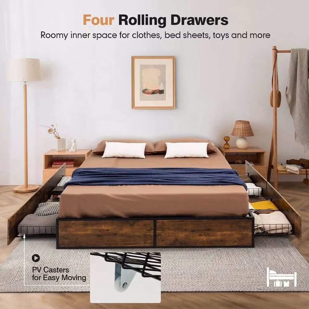 Kelvenix Single Iron Bed Base with 4 Underbed Storage Drawers in Brown – 4
